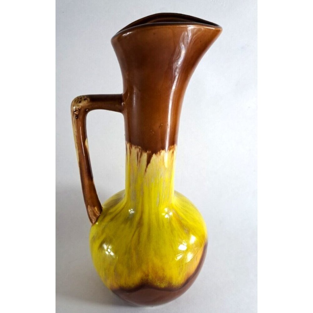 Vintage Drip Glaze Pitcher Ewer Brown Yellow Mid Century Vase Japan 10"
